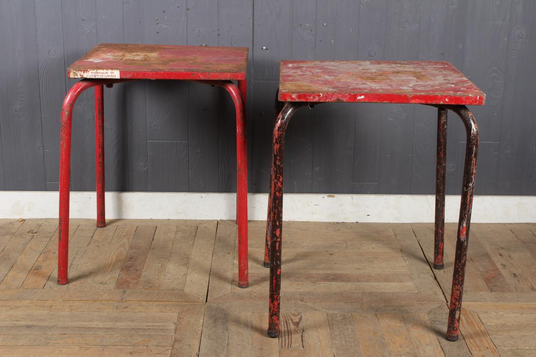 2 Red French Industrial Tables: 2 Red French Industrial Tables, partial label " ... Inalienable de Brasserie Enfants de Gayant" (Great Brewery of the children of Gayant). Size: 28.5" H x 23" W x 23" D