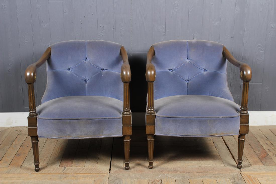 Pair Urban Furniture Co Armchairs: Pair Urban Furniture Co Armchairs. Turned front legs. Label on bottom Urban Furniture Co. Retailed by Daniel Jones. Size: 26" H x 23" W x 26" D