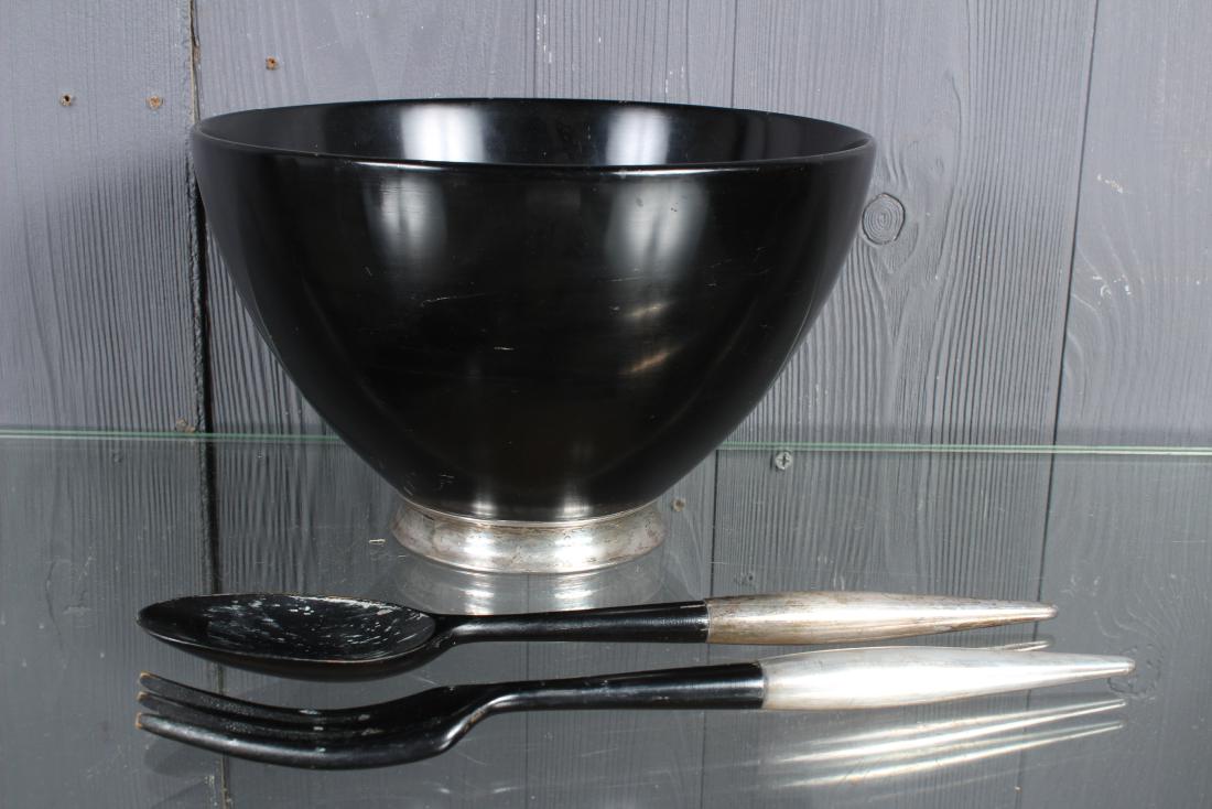 Jensen Wood and Sterling Footed Bowl & Utensils: Jensen Wood and Sterling Footed Bowl & Utensils. Wooden salad/ center bowl with sterling fitted base by Revere Silversmiths for Georg Jensen Inc., USA. Revere Silversmiths hallmark on the base, and a 