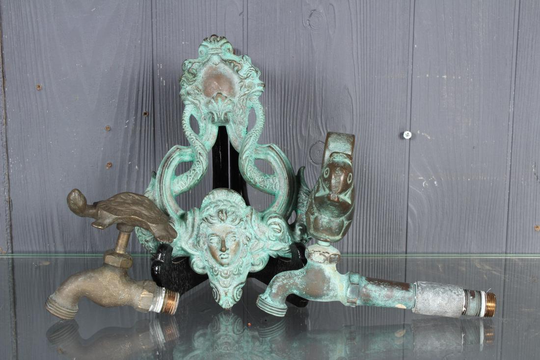 Group of Bronze Figural Hardware: Group of Bronze Figural Hardware, including a Squirrel spigot, Turtle spigot, and a figural door knocker. Size: Largest: 10" H x 6" W x 5" D