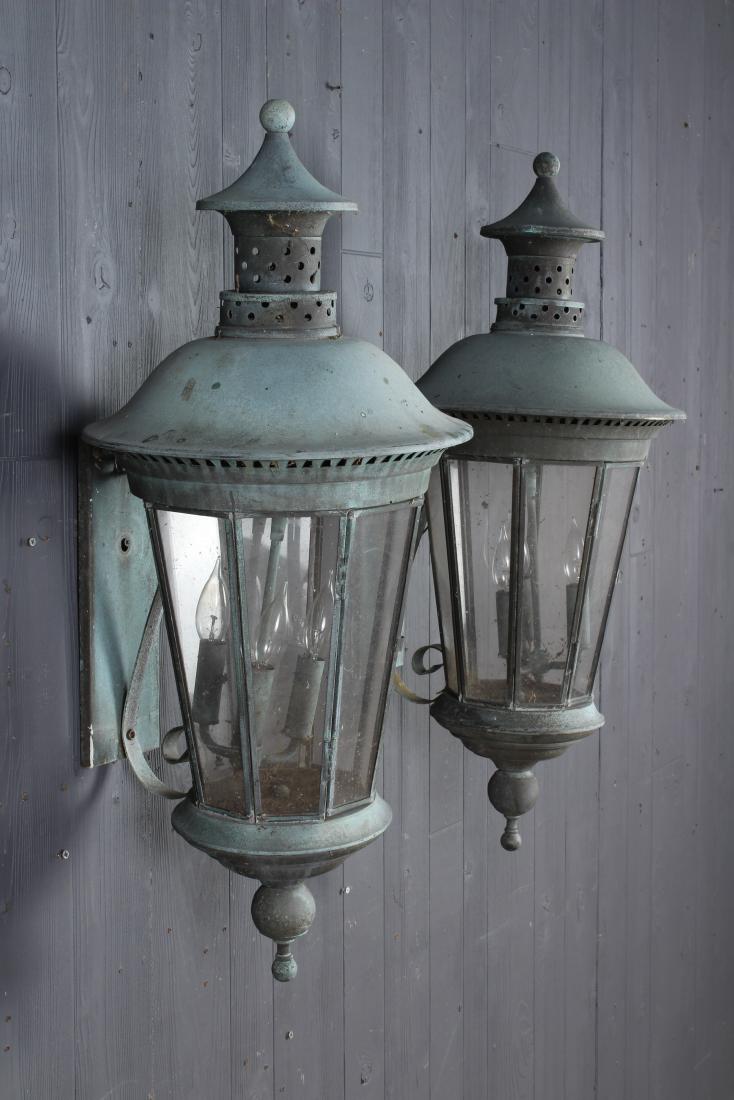 Good Pair of Copper Lanterns in the French Taste: Good Pair of Copper Lanterns in the French Taste with verdigris patination. Size: 32" H x 13.5" W x 15" D