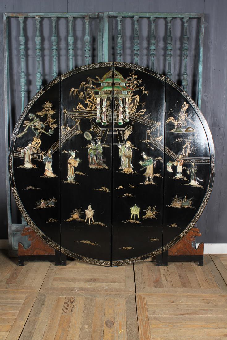 Chinese Hardstone Inlaid Screen: Chinese Hardstone Screen. Mid 20th C. Size: 72" H x 72" W x 1" D