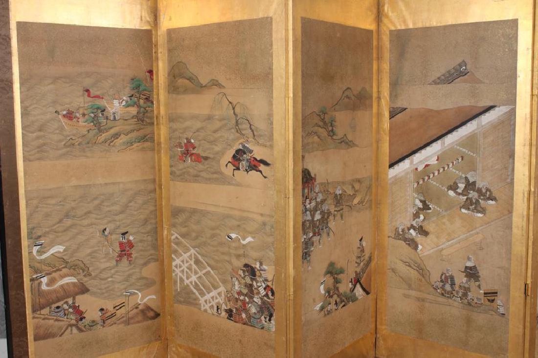 Japanese Painted Folding Screen: Japanese Painted Folding Screen. 4 figural panels. Size: 67" H x 113" W x 0.5" D