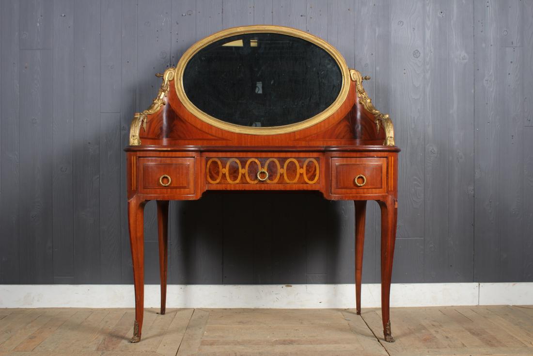 Belle Epoch Bronze Mounted Vanity: Belle Epoch Bronze Mounted Vanity, swivel mirror, 3 drawers, inlay. Size: 54.5" H x 41.5" W x 19" D