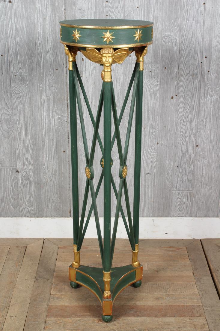 Regency Style Gilt Painted Pedestal: Regency Style Gilt Painted Pedestal, x-form side decoration, mask supports, hoof feet. Size: 42.5" H x 12" W x 12" D