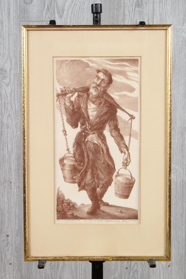 Maxim B Gottlieb (Pennsylvania, 20th C) Etching: Etching Signed Gottlieb, with inscription "Der Wasser Treiger - Love and Best Wishes to Anna Werrim", signed M.B. Gottlieb. Size: Framed: 24" H x 15 W x 0.5" D; Sight: 17" H x 9" W
