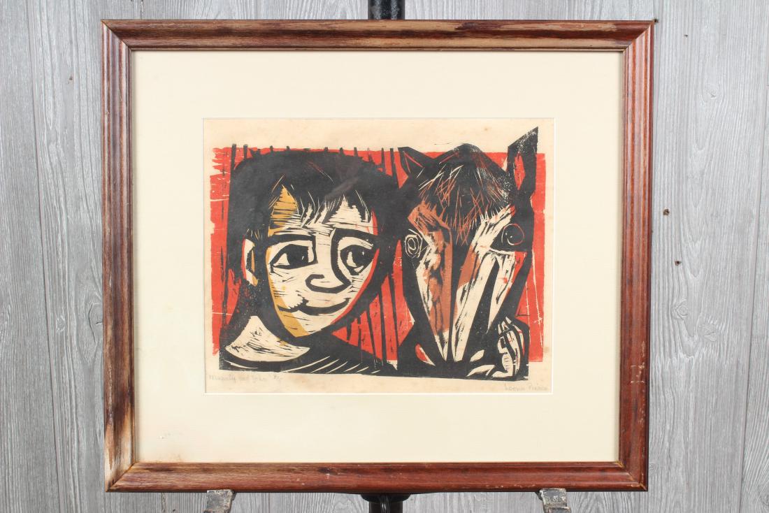 Leona Pierce Relief Print: Leona Pierce Relief Print, (American, 1921-2002), titled Maginty and John, pencil signed and numbered 3/5. Size: Framed: 16" H x 18.5" W x 1" D; Sight: 9.5" H x 12" W