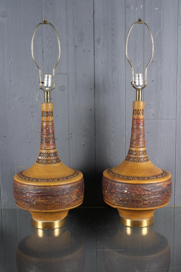 Pair Mid C. Modern Decorated Ceramic Table Lamps: Pair Mid Century Modern Decorated Ceramic Table Lamps. Size: 35" H x 12" W x 12" D