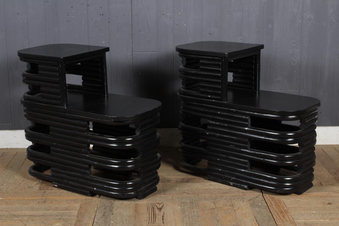 Paul Frankl Rattan End Tables: Paul Frankl Rattan End Tables. Size: 25.5" H x 13.5" W x 27" D