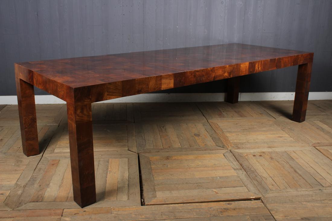 Milo Baughman Style Patchwork Dining Table: Milo Baughman Style Patchwork Dining Table with two large leaves. Size: 29" H x 64" W x 40" D