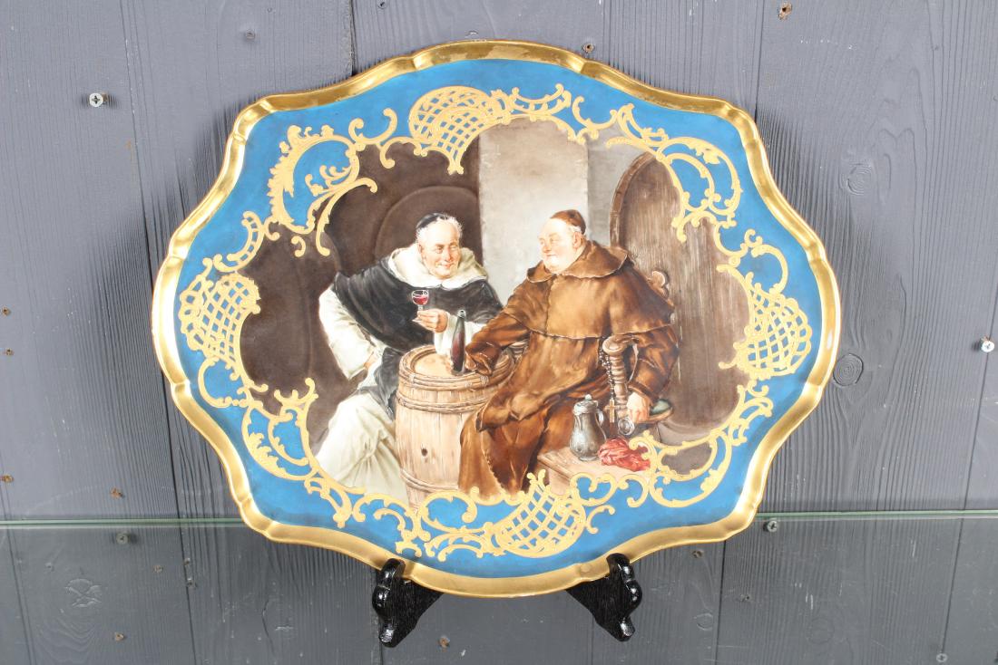 Limoges Hand Painted Porcelain Friar Platter: Limoges Hand Painted Porcelain Friar Platter, Bawo & Dotter, gilt decoration, depicting two friars drinking wine, hallmarked on bottom "Elite L France"Size: 13" H x 16" W x 0.5" D