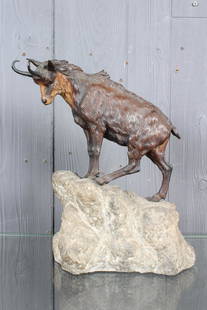 Vienna Style Cold Painted Bronze Ram on Rock: Vienna Style Cold Painted Bronze Ram on Rock. Size: 13" H x 5" W x 11" D