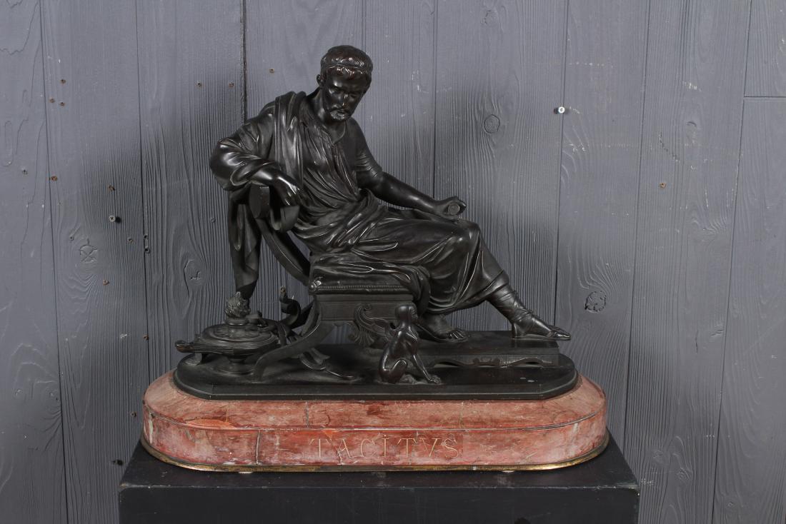 Antoine Pierre Aubert Bronze Socrates Sculpture: Antoine Pierre Aubert Bronze Socrates Sculpture on marble base, (French, 1852-1912), signed Aubert, marble inscribed Tacitus. Size: 18" H x 21.5" W x 8" D