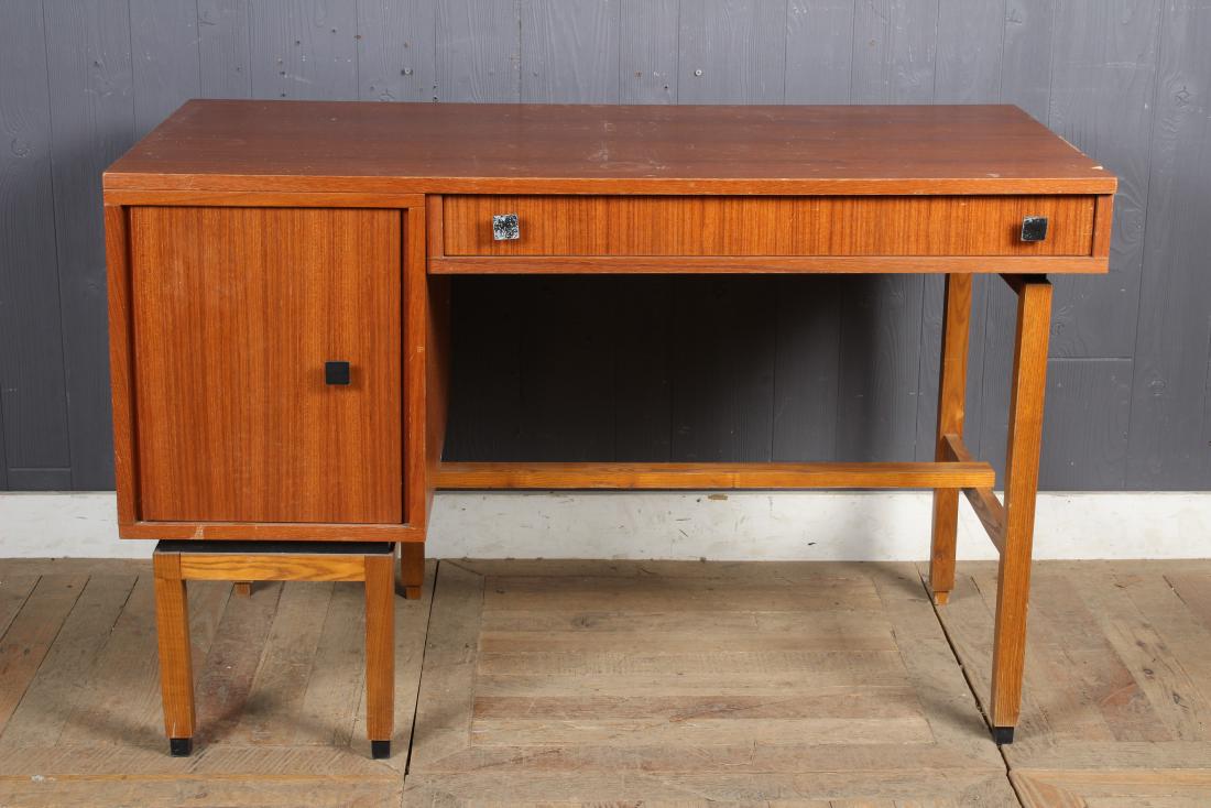 Belgian Labeled Mid Century Modern Desk: Belgian Labeled Mid Century Modern Desk, single pedestal door, single drawer, labeled MDK Cardoen Ophasselt. Size: 30" H x 47" W x 24" D