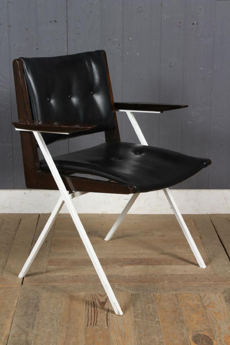 MCM White Metal Teak Arm Armchair: MCM White Metal Teak Arm Armchair, labeled Austin Industries 10/20/55, R-82U Armchair. Size: 30.5" H x 22.5" W x 20.5" D