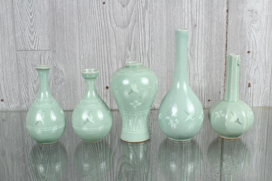 Set of 5 Crane Motif Celadon Vases (1 of 10)
