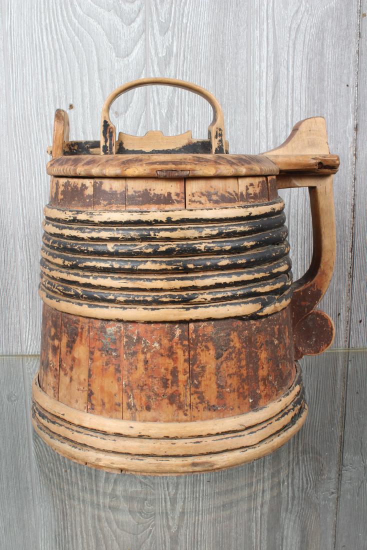 19th Century Barrel Form Bento Box: A 19th century Barrel Form Bento Box, possibly Scandinavian, wood bucked with hinged lid and banded sides.