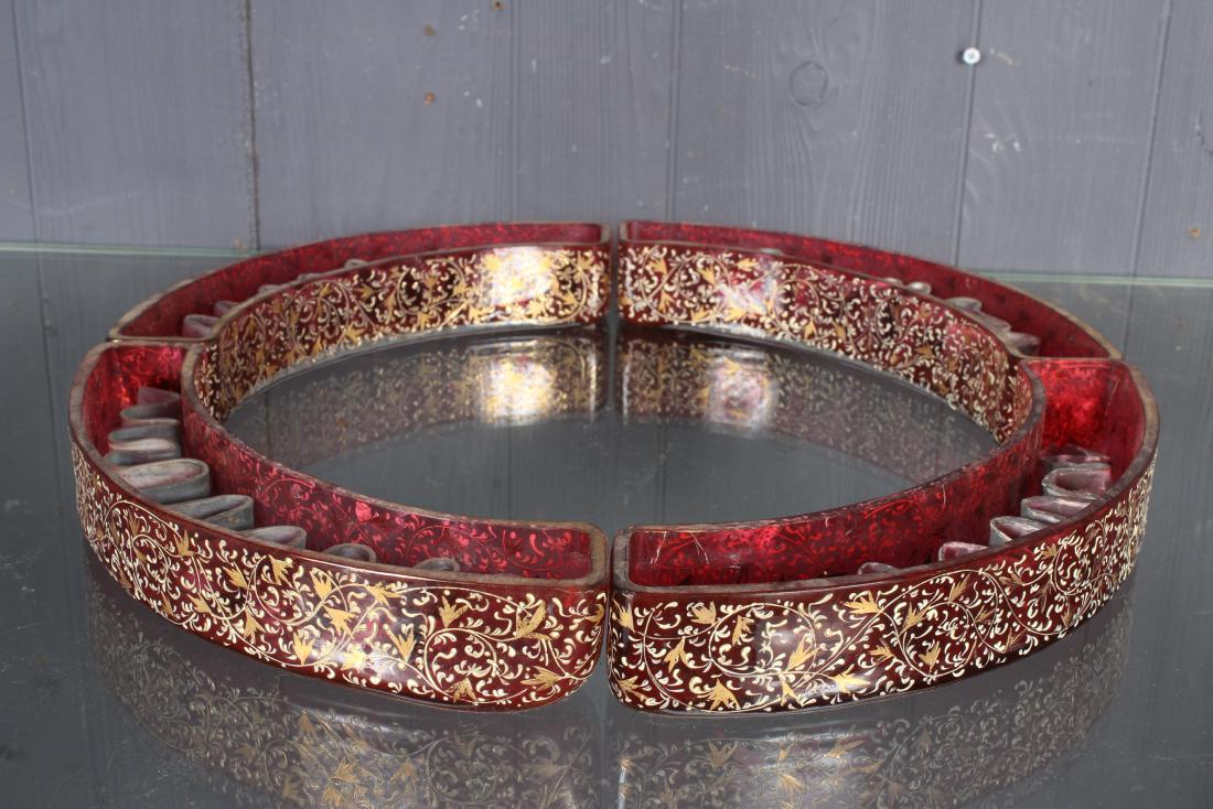 4 Piece Gilt Foliate Cranberry Glass Centerpiece: 4 Piece Gilt Foliate Cranberry Glass Centerpiece, with metal flower frog insert, in the manner of Moser. Size: 2" H x 11" W x 3" D
