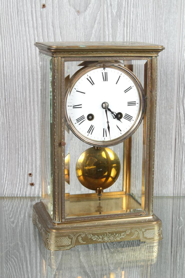 Bronze and Glass Mantle Clock: Bronze and Glass Mantle Clock. Size: 10" H x 6" W x 5" D