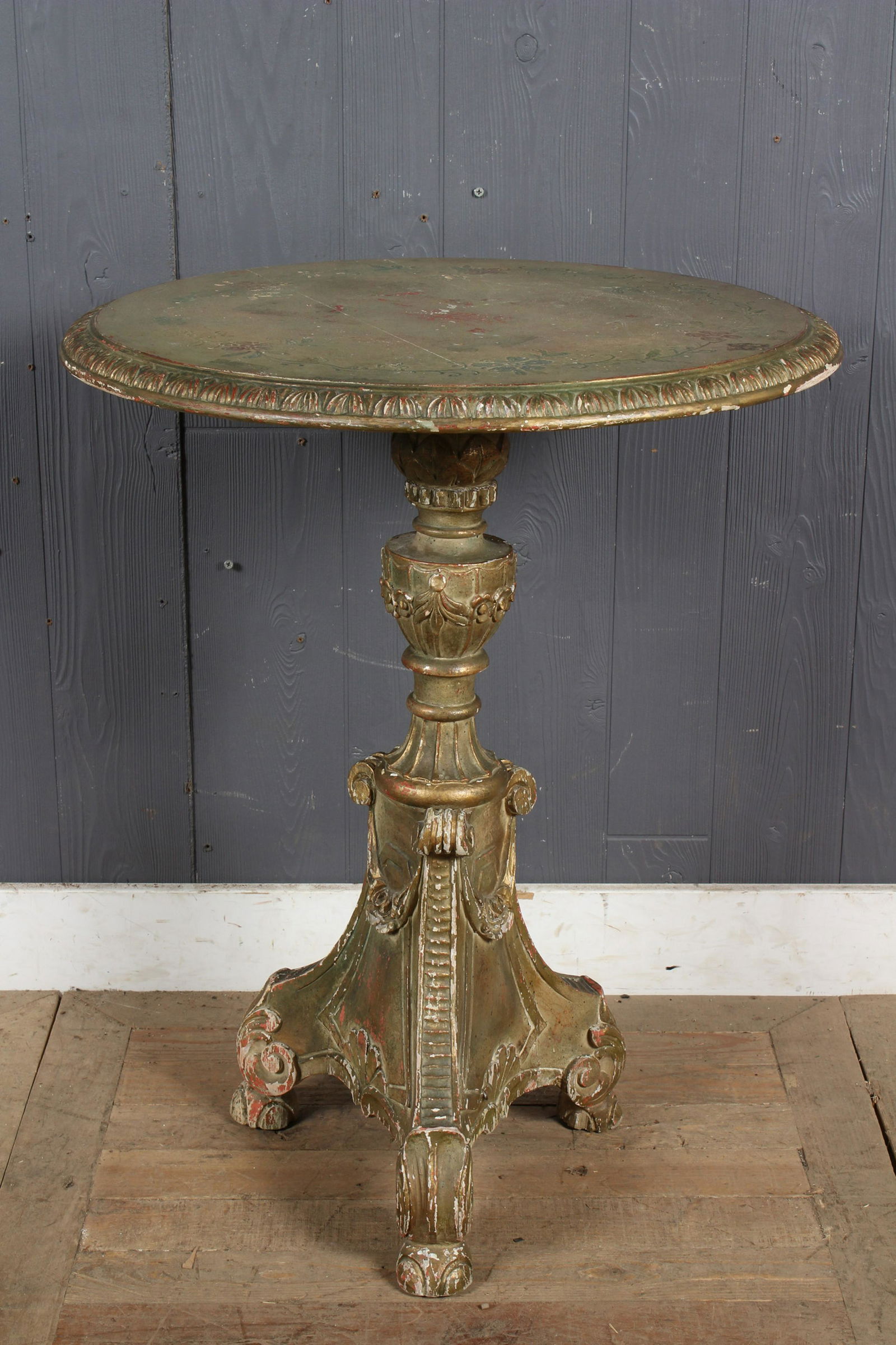 Gilt Painted Continental Table: Gilt Painted Continental Table, floral design, acanthus feet. Size: 29" H x 23" W x 23" D