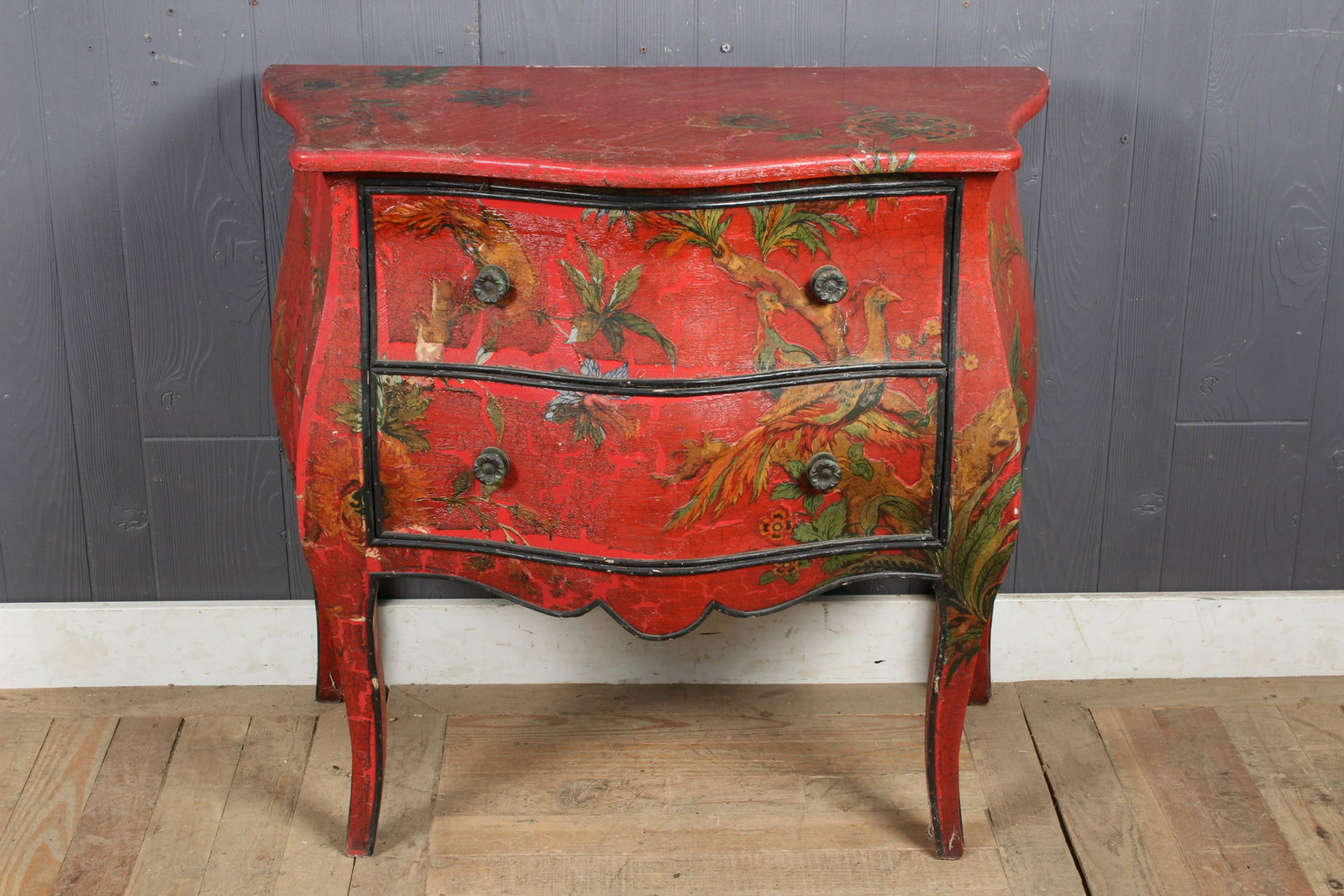 Chinoiserie Decoupage Bombe Commode: Chinoiserie Decoupage Decorated Bombe Form 2 drawer commode. Size: 30.5" H x 33" W x 17" D