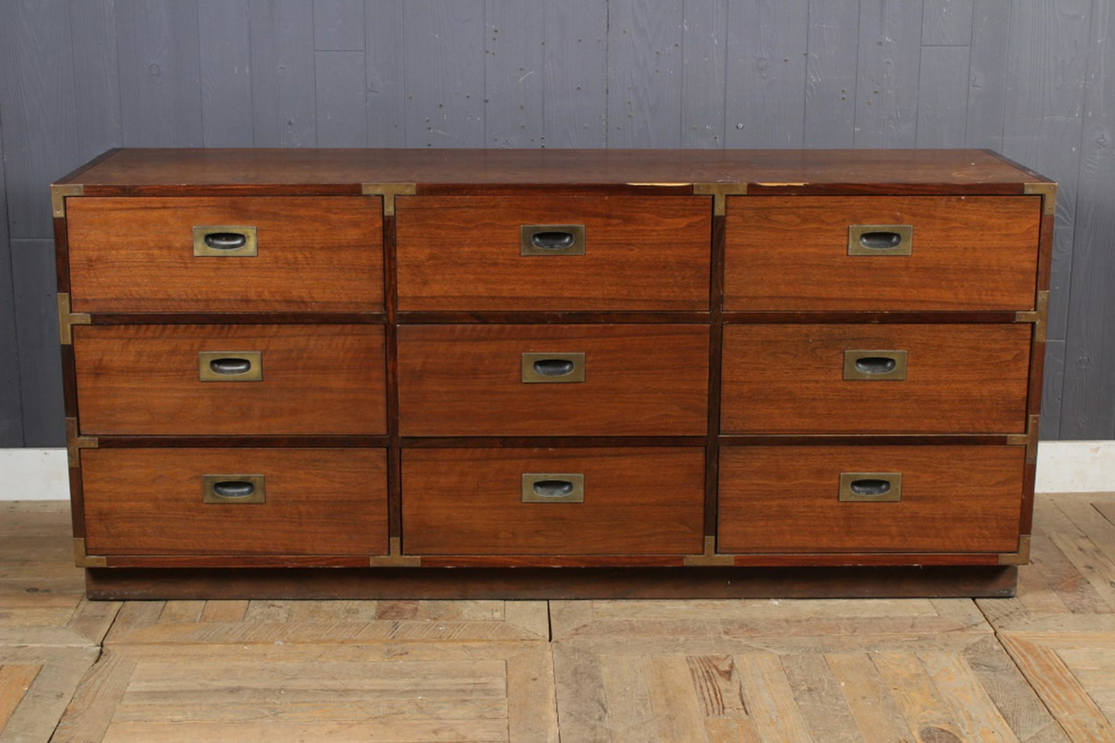 Lane Campaign Style Credenza: Lane Credenza, 9 drawers, stamped Lane. Size: 30" H x 66" W x 18" D