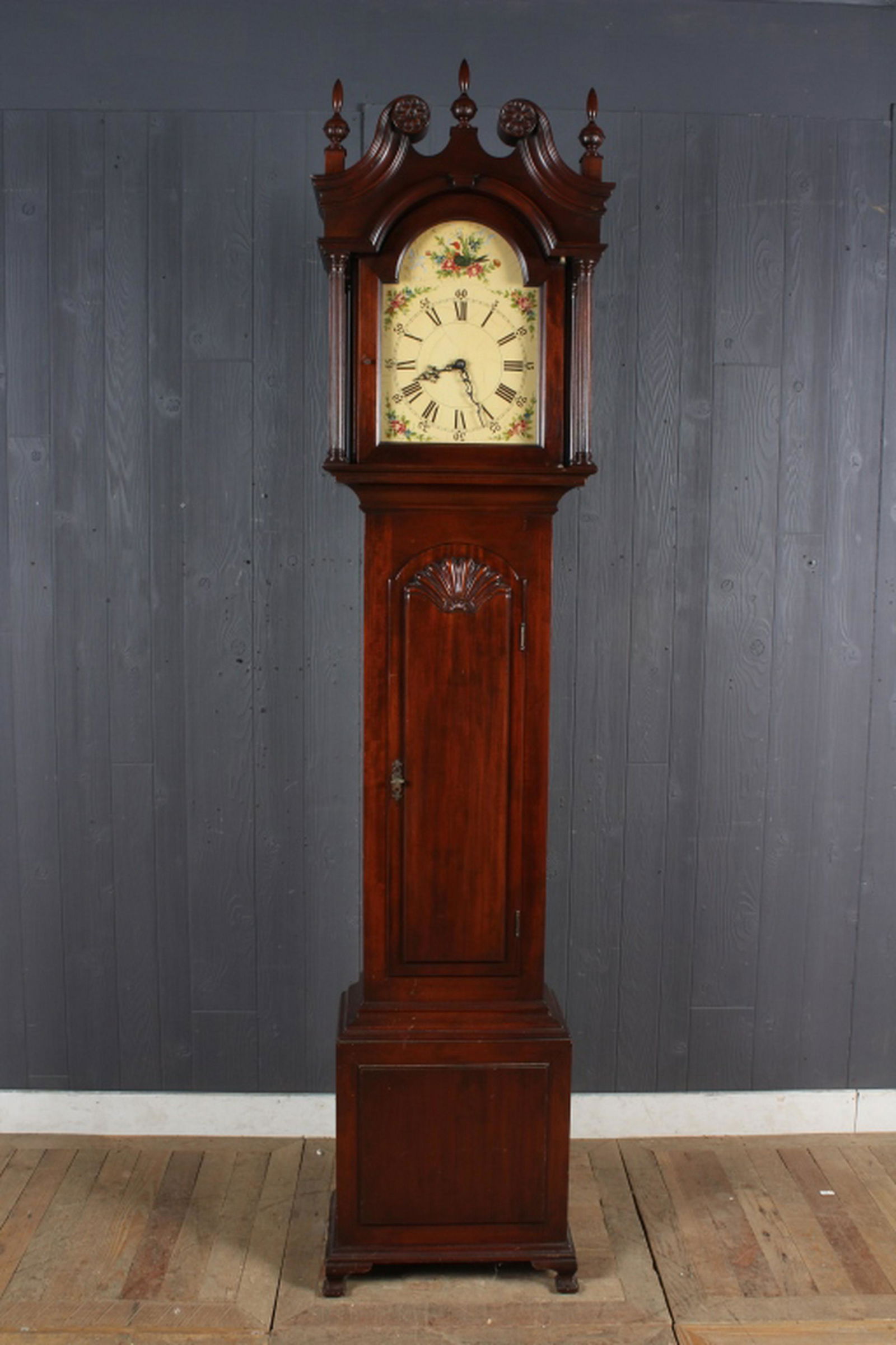 Colonial Mfg. Co Tall Case Clock: Colonial Mfg. Co. Tall Case Clock, painted porcelain dial with birds and florals, with weights, plaque inside door "This piece reproduced by Courtesy of Mr. Henry Ford. Original on display at Edison I