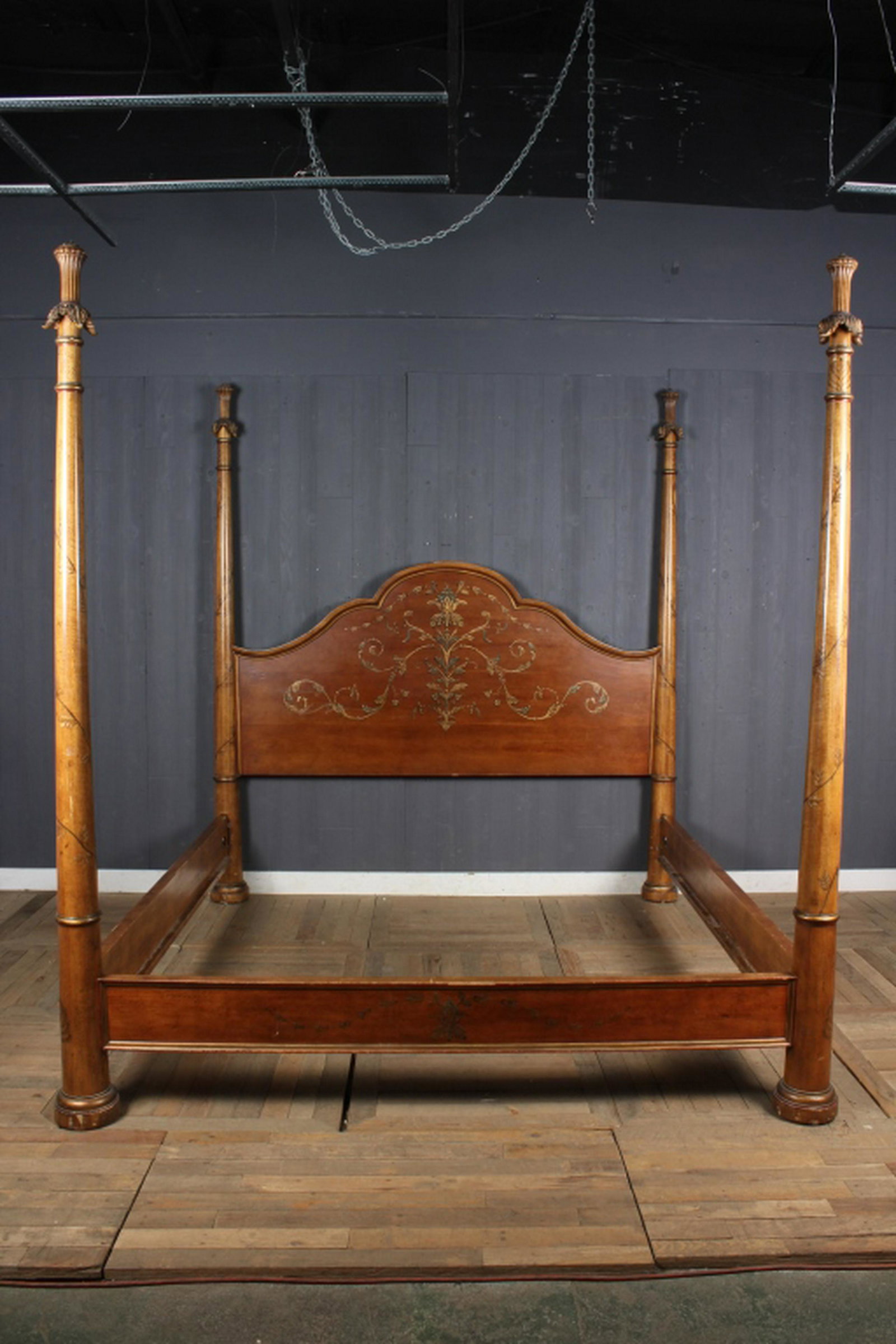 Modern Venetian Style King Size 4 Post Bed: Venetian King Size 4 Post Bed, painted decoration. Size: 93" H x 86.5" W x 91" D