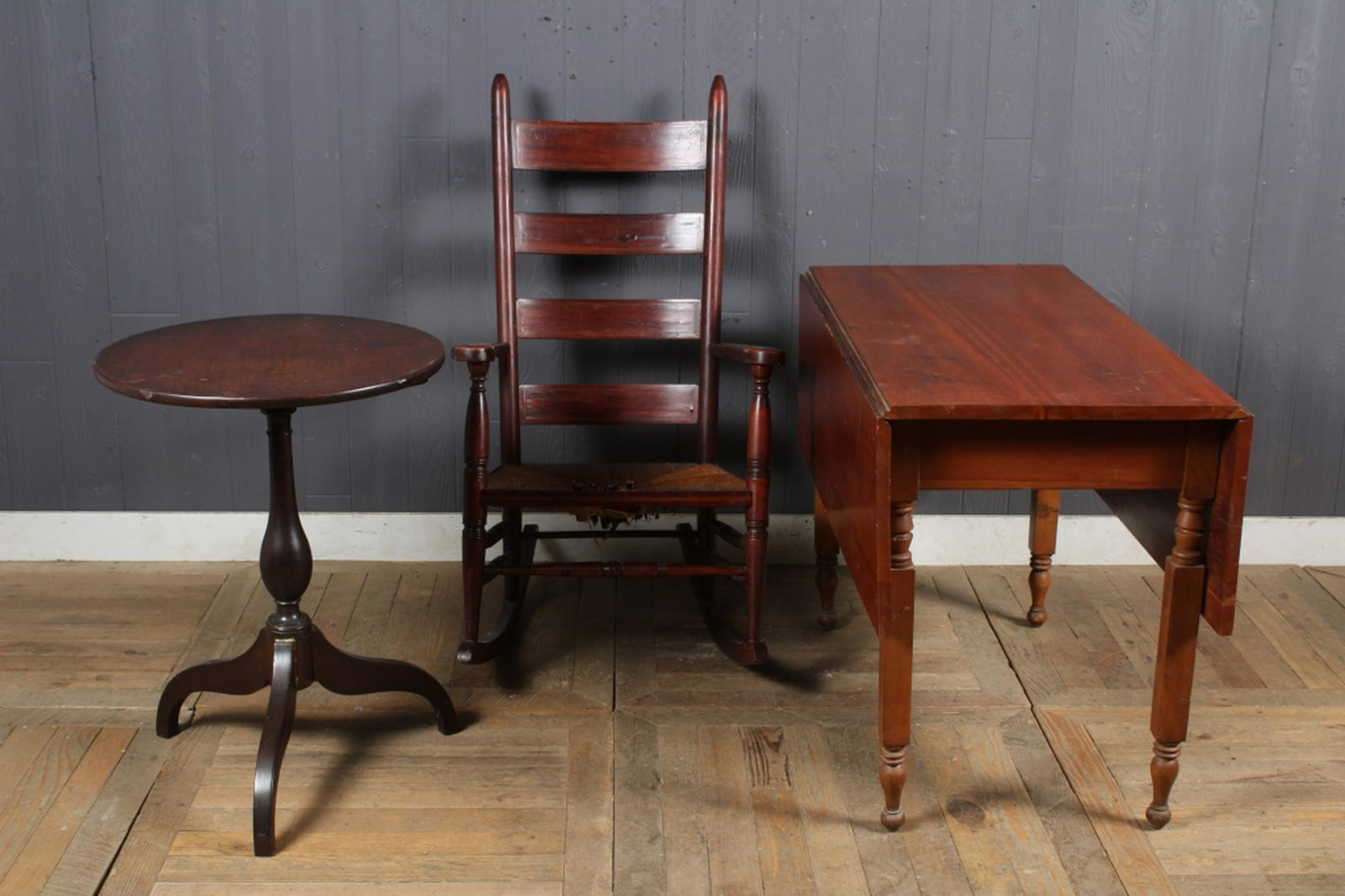 Estate lot Furnishings: Drop Leaf, Tilt-top, and Rocker. Size: Largest: 29" H x 21.5" W x 41.5" D