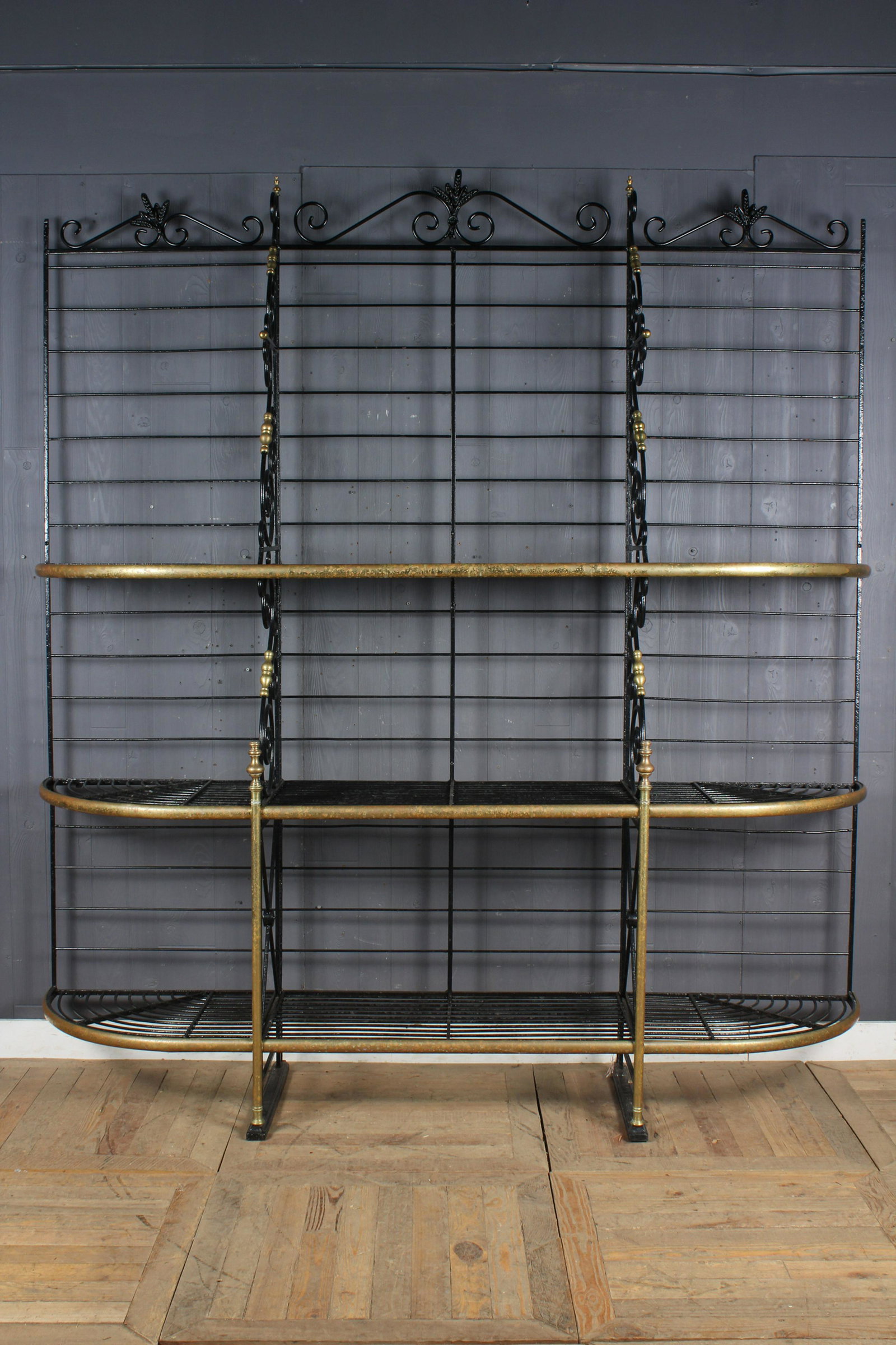Enorme Antique Etegere de Boulangerie: Large French Baker's Rack, three shelves, scroll decorated. Size: 95.5" H x 87" W x 20" D