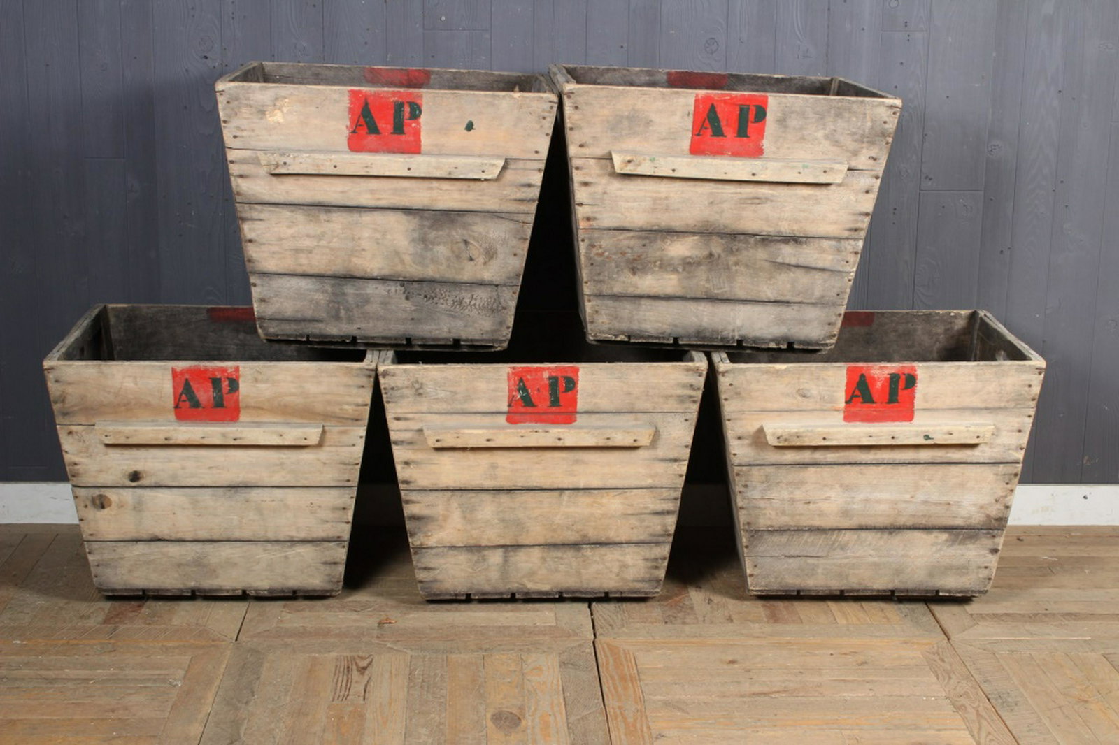 5 French Champagne Harvest Bins: 5 French Champagne Harvest Bins. Size: 23" H x 27.5" W x 24" D