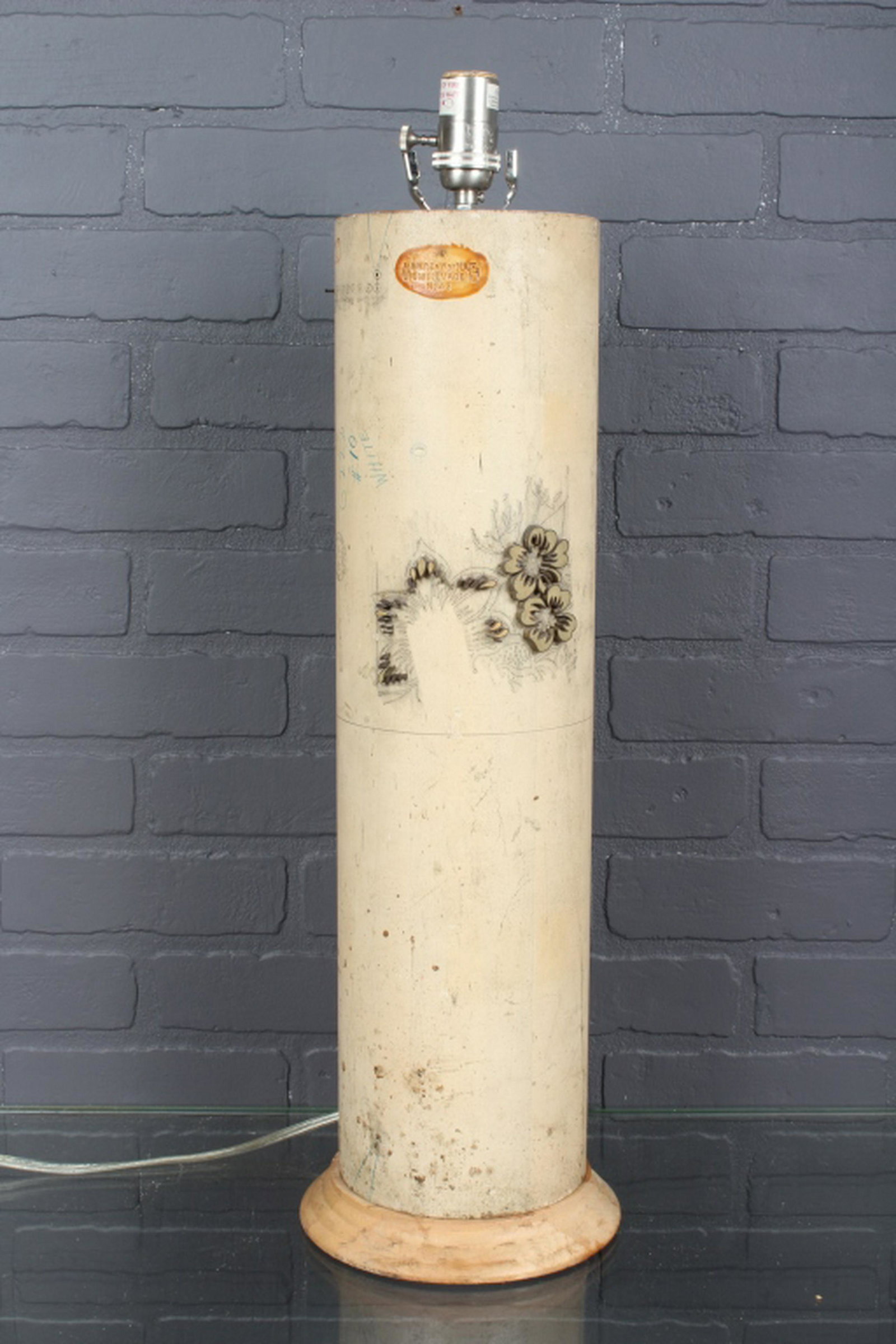Upcycled Wallpaper Printer Roller Lamp Base: Upcycled Wallpaper Printer Roller Lamp Base. Size: 26" H x 7" W x 7" D