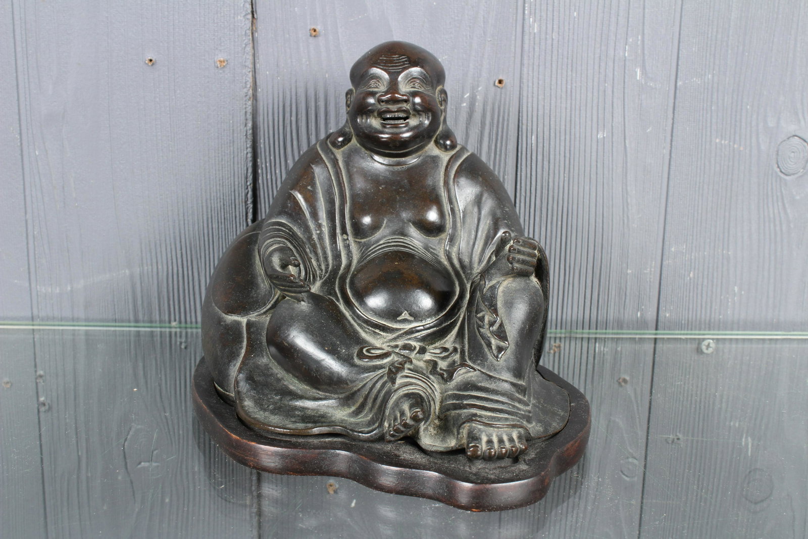 Bronze Seated Buddha: Bronze Seated Buddha, on base. Size: 6.5" H x 7" W x 8" D