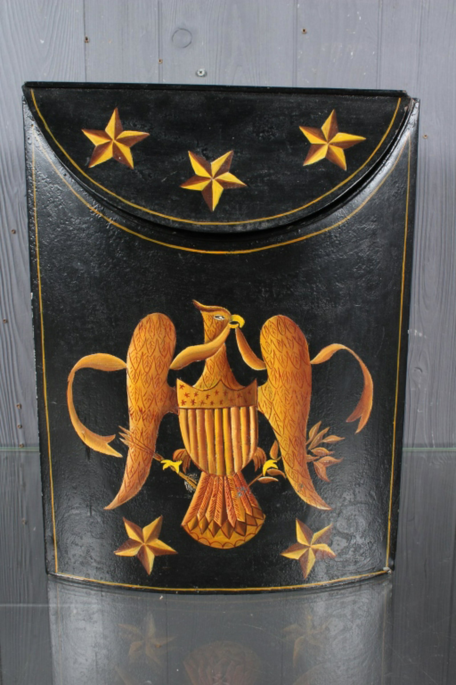Hand-painted Tole Fire Box: Hand-painted Fire Box, depicting an eagle with shield, stars, and foliate, signed on back A.T. Hawk. Size: 17" H x 13" W x 12.5" D