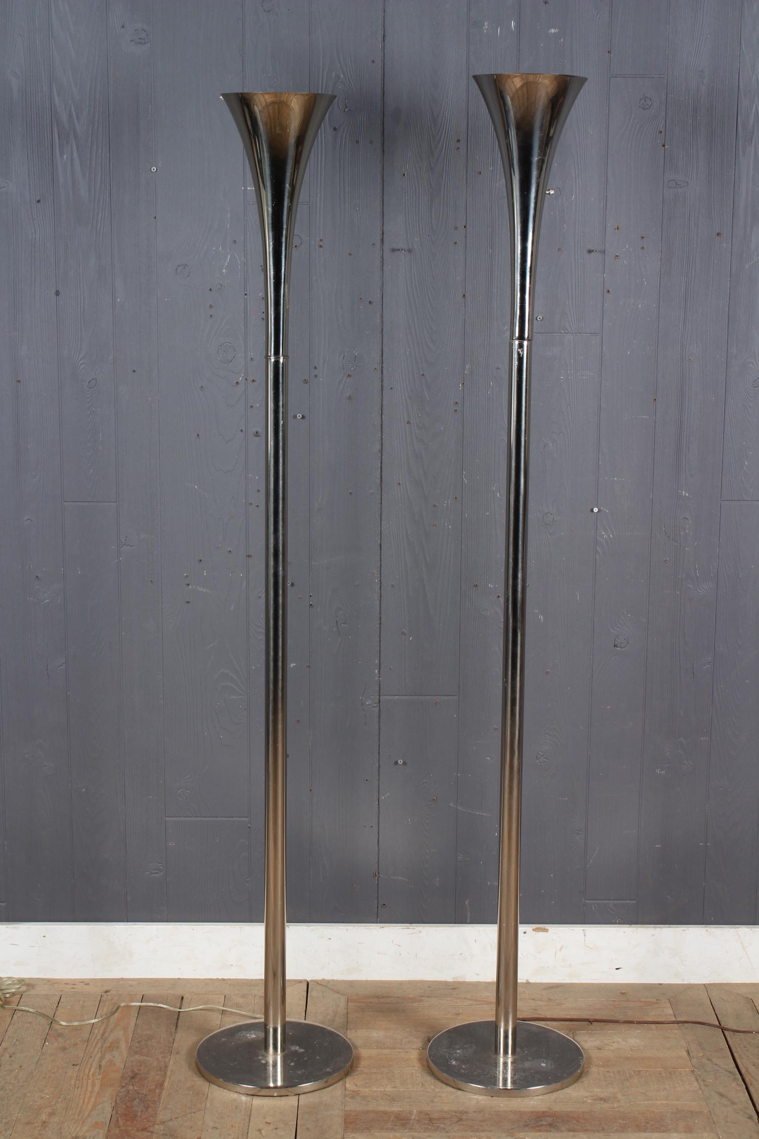 Pair Art Deco Style Chrome Torchieres or Floor (1 of 3)