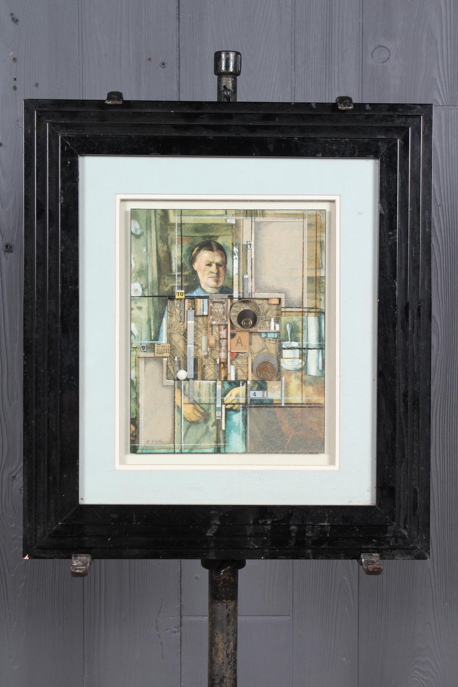 Roderick Slater Mixed Media Collage: Roderick Slater Mixed Media Collage. Titled Starting a Day. Size: Framed: 18" H x 16" W x 1.5" D; Sight: 9.5" H x 7.5" W