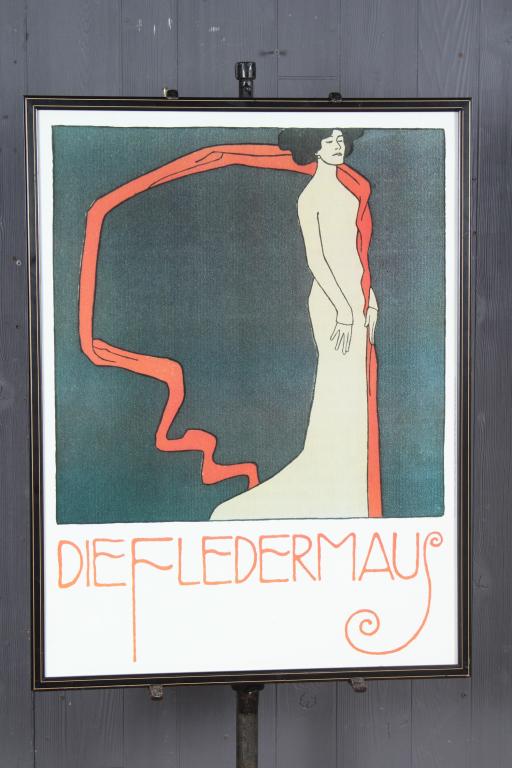 After Berthold Loffler, Die Fledermaus Poster: Fledermaus Cabaret 1907 poster, Marya Delvard Programme No. 1 Du Cabaret Fledermaus/ 1907. Printed 1986. Wiener Werkstatte Style. Size: Framed: 32.75" H x 25" W x 1" D. Sight: 31.25" H x 23" W.
