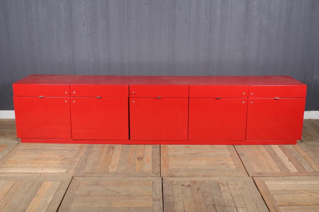 Saporiti Italia Red Lacquer Credenza: Saporiti Red Lacquer Credenza, having 5 drawers above 5 lateral file drawers, labeled on back. Size: 25" H x 118" W x 21.5" D