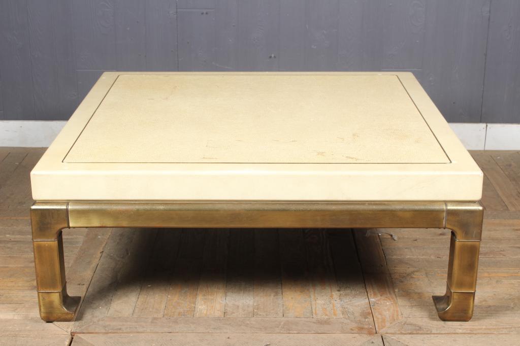 Mastercraft Asian Inspired Coffee Table: Mastercraft Asian Inspired Coffee Table, faux leather and brass. Size: 16" H x 43.5" W x 43.5" D