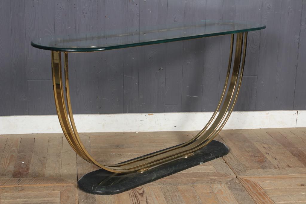 Glass Top, Brass and Marble Console: Glass Top, Brass and Marble Console. Size: 27" H x 54" W x 16" D
