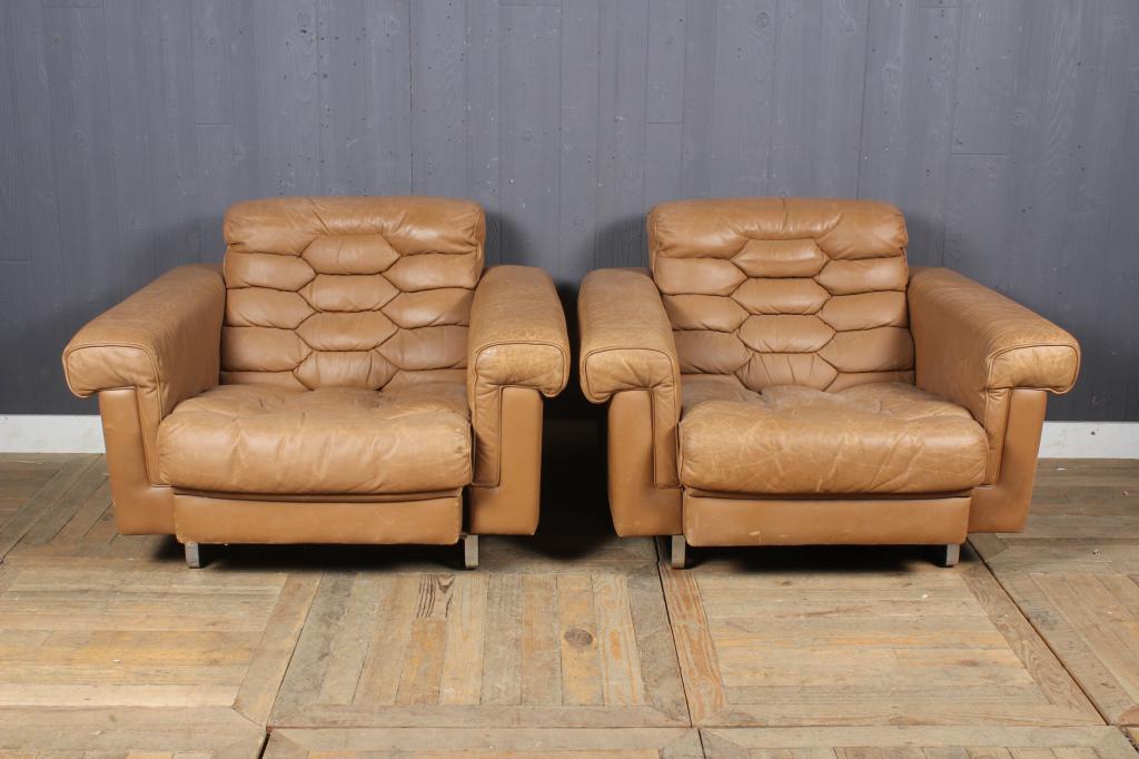 Pair Tufted Leather Reclining Lounge Chairs: Pair Tufted Leather Reclining Lounge Chairs. Size: 30" H x 42" W x 35" D