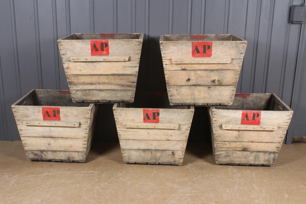 5 Champagne Harvest Crates: 5 French AP Champagne Crates, marked on side Champagne Hennequin De Vaucelle Venteuil Marne. Size: 23" H x 27.5" W x 24" D