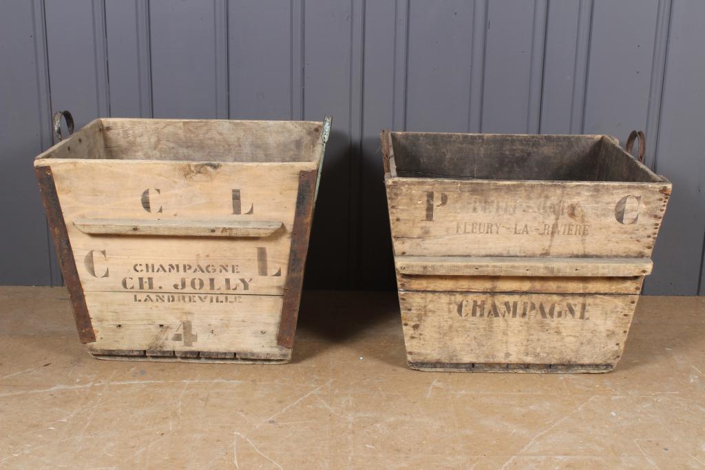 2 French Champagne Crates with Metal Handles: 2 French Champagne Crates with Metal Handles, One marked Champagne CH. Jolly Landreville 4. One marked Peth-Capy Fleury-La-Riviere Champagne. Size: Largest: 25.5" H x 27.5" W x 23.5" D