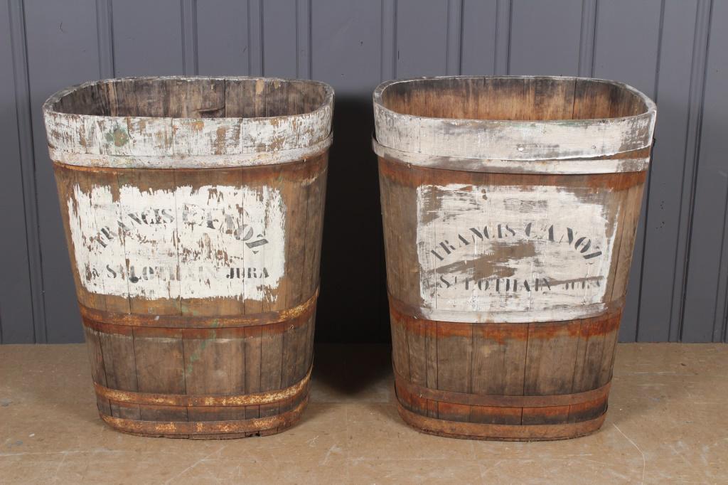 Pair Coopered Wine Harvest Hods: Pair Coopered Wine Harvest Hods, labeled Francis Canoz St. Lothain Jura. Size: 32.5" H x 26" W x 24.5" D
