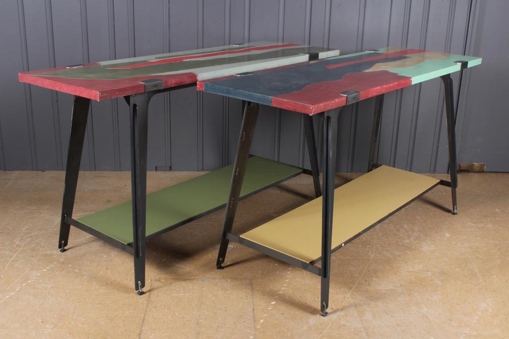 Pair Industrial Style Pieced Canvas Top Consoles: Pair Industrial Style Pieced Canvas Top Consoles. SWARM Line custom made for major lifestyle retailer. Size: 37.5" H x 40" W x 23.5" D
