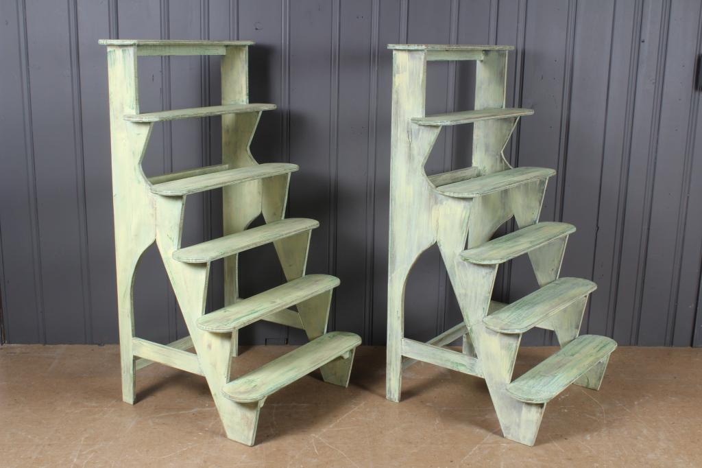 Pair Painted Stepped Plant Stands: Pair Painted Stepped Plant Stands. Size: 58" H x 32.5" W x 29.5" D