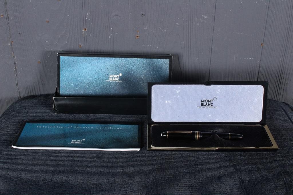 Mont Blanc Meisterstuck Solitaire Fountain Pen: Mont Blanc Meisterstuck Solitaire Fountain Pen in Original Box with certificate, rollerball, Made in Germany, 14k pen tip. Size: Box: 3.5" H x 9" W x 1.5" D