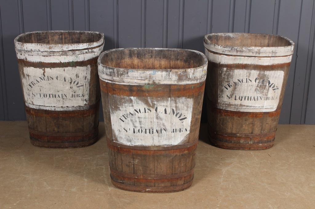 3 Coopered Wine Harvest Hods: 3 Coopered Wine Harvest Hods, labeled Francis Canoz St. Lothain Jura. Size: 32.5" H x 25" W x 25" D.