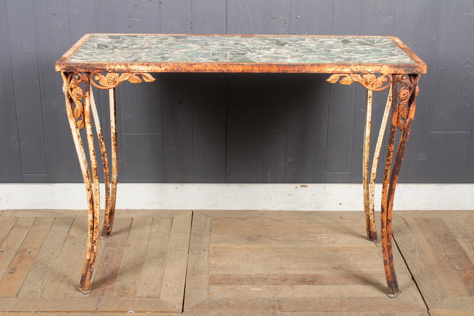Wrought Iron Console Table with Glass Shard Mosaic: Interesting Wrought Iron Console Table with Glass Shard Mosaic Top. Size: 30" H x 42" W x 18" D