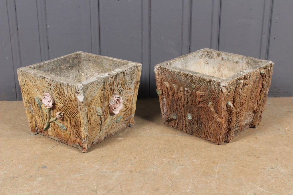 2 French Faux Bois Garden Planters: 2 French Faux Bois Garden Planters. Flowers and poodle decorative themes. Size: Largest: 10.5" H x 14" W x 13.5" D.